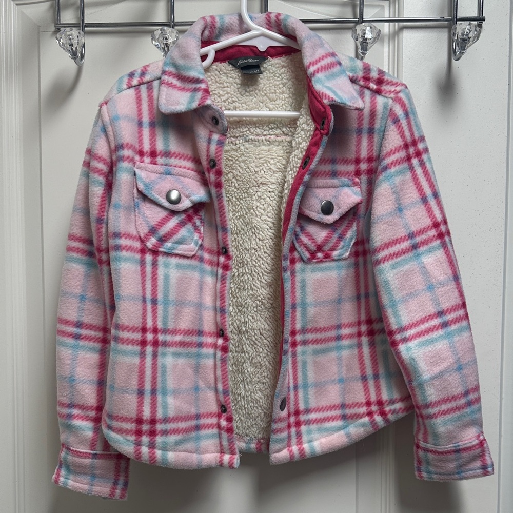 Eddie Bauer Pink and Blue Plaid Kids Flannel Snap Button Jacket SZ 4/5